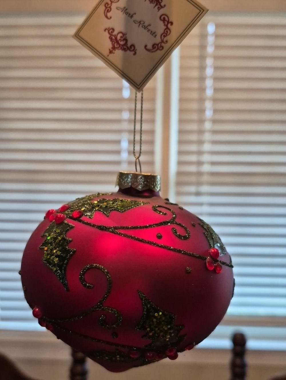 Mark Roberts Pink and Green Glitter Holly Ornament